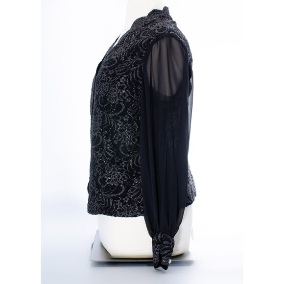 Alex Evenings Black Blouse with lace overlay and sheer sleeves - Picture 2 of 8